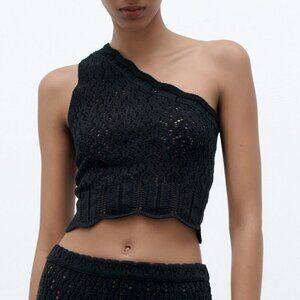 Zara Asymmetric Pointelle Knit Crop Top Black One Shoulder Wide Strap Women LG